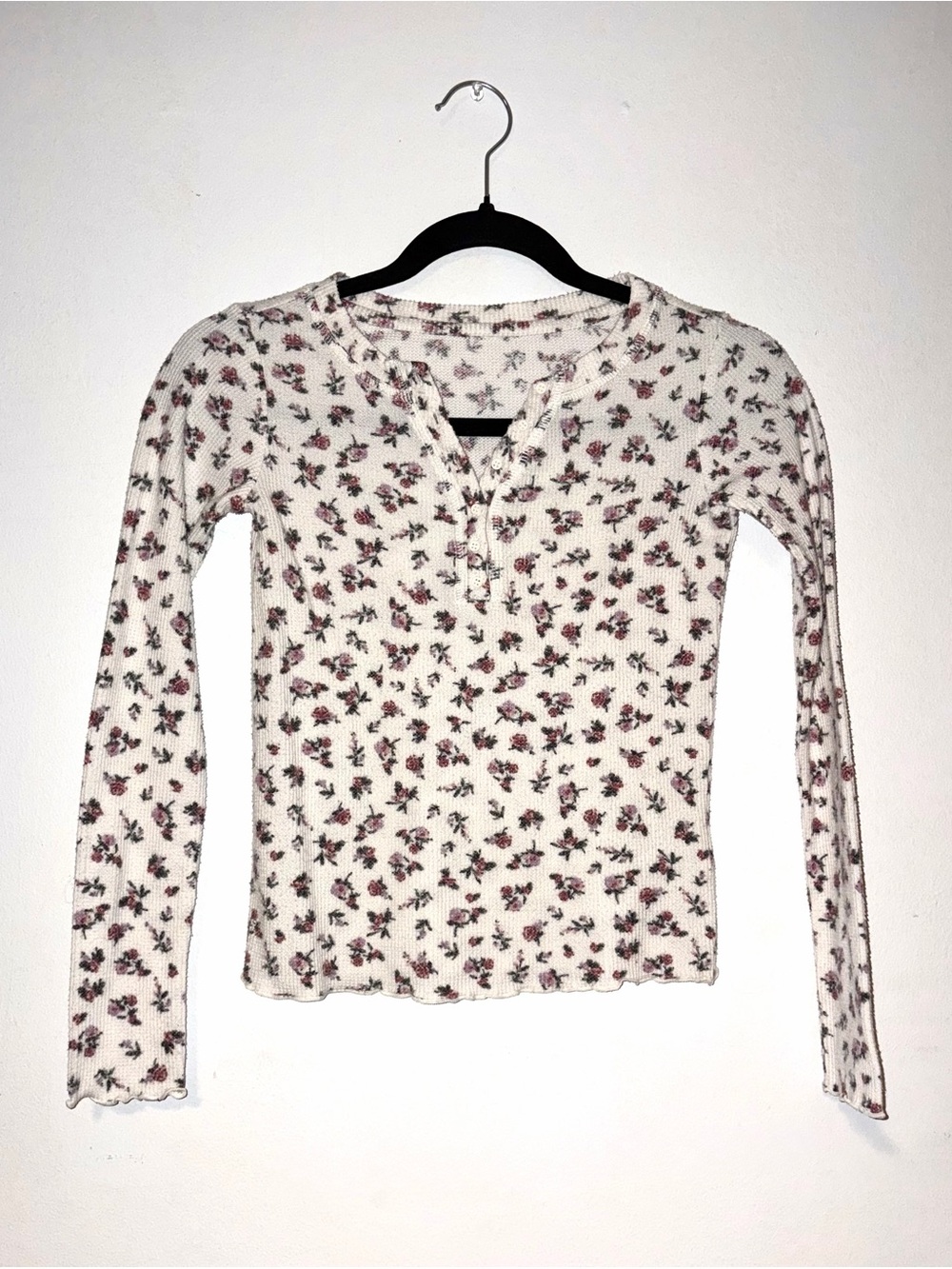 Floral Long Sleeve Top - White with Pink Rose Print